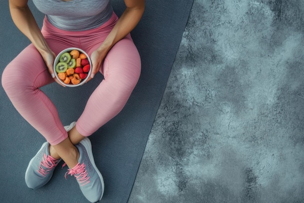 Photo athletic woman in pink yoga pants and shoes sitting on the gray mat at a home gym