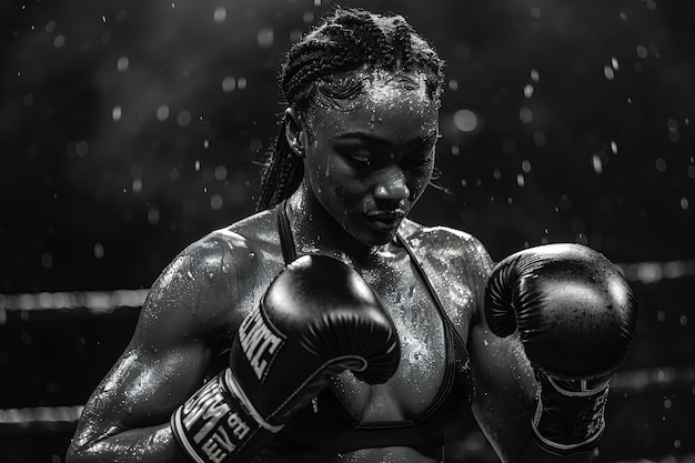 Athletic woman putting on boxing gloves showcasing strength and muscle definition low angle dark