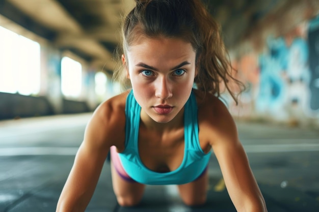 Athletic young woman doing sports or fitness doing pushups or exercising