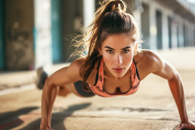 Athletic young woman doing sports or fitness doing pushups or exercising