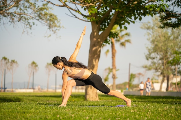 Athletic young woman doing yoga in the park in the morning