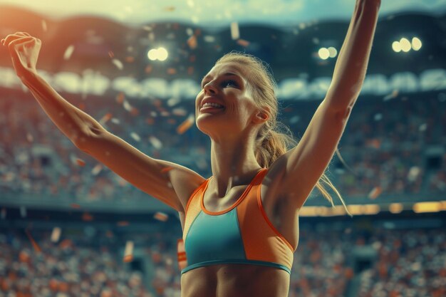 Athletic young woman runner celebrating her victory in a stadium with AI generated