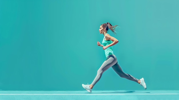 Photo athletic young woman running against a turquoise background shown from the side