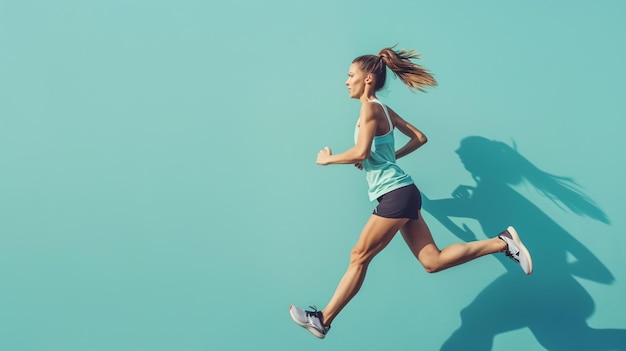 Athletic young woman running against a turquoise background shown from the side