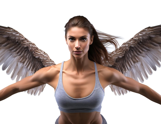 Athletic young woman with angel wings on a white background