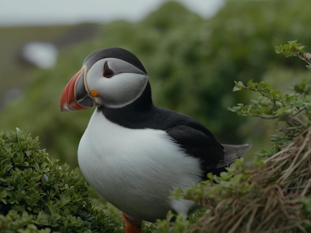 Atlantic Puffins bird near ocean landscape Fratercula arctica ai Generative