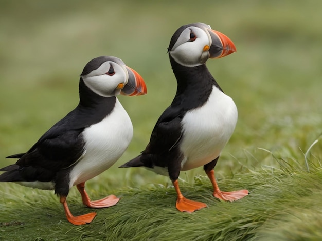 Atlantic Puffins bird near ocean landscape Fratercula arctica ai Generative