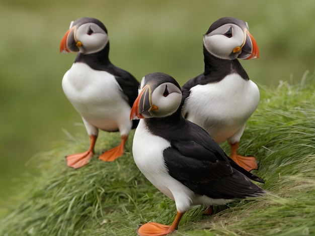 Atlantic Puffins bird near ocean landscape Fratercula arctica ai Generative