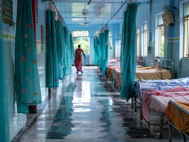 The atmosphere of a health center or hospital in India with beds neatly arranged in a simple room