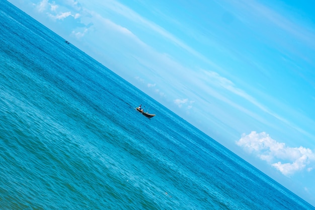 Atmosphere panorama Clear sky calm sea horizon line cloud Concept lifestyle move flow up down progress regress choice direction development life boat Straight lines diagonal blue turquoise white