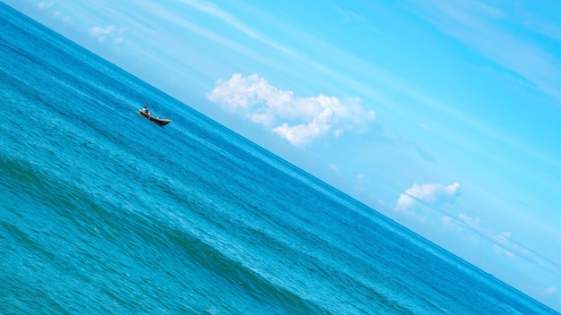 Atmosphere panorama Clear sky calm sea horizon line cloud Concept lifestyle move flow up down progress regress choice direction development life boat Straight lines diagonal blue turquoise white