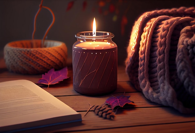 The atmosphere of winter holidays with candles, a knitted sweater and a book. Generative ai