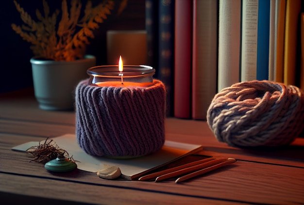 The atmosphere of winter holidays with candles, a knitted sweater and a book. Generative ai