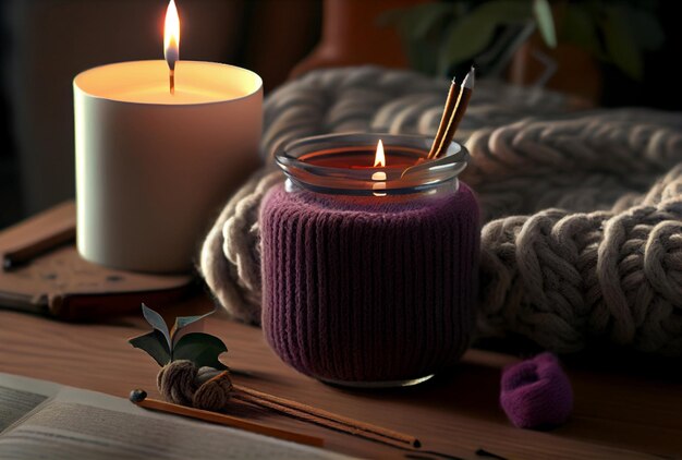 The atmosphere of winter holidays with candles, a knitted sweater and a book. Generative ai