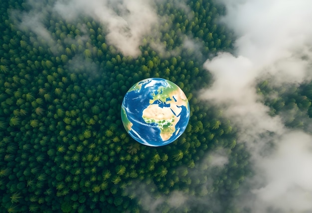 Photo atmospheric aerial view of the green forest with the earth demonstrate the concept of preserving the