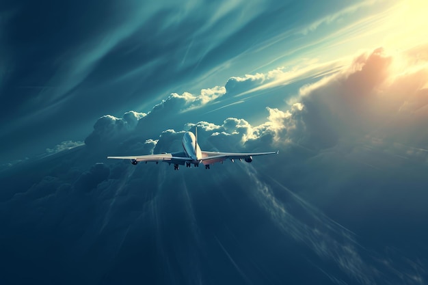 Atmospheric Airplane flies clouds travel Generate Ai