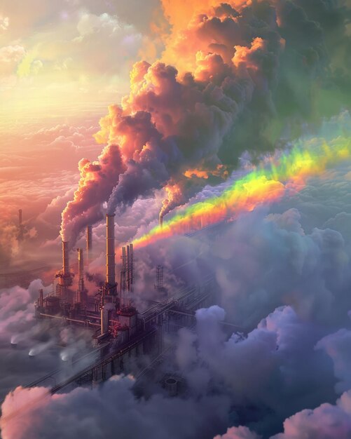 An atmospheric factory floating among the clouds capturing greenhouse gases and converting them