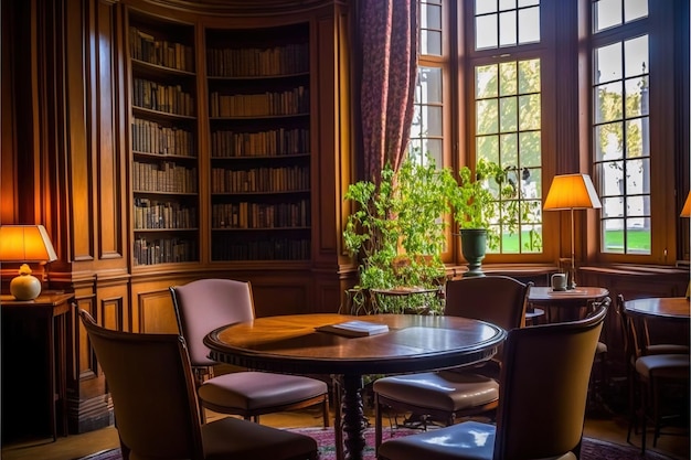 Atmospheric french library with charming an cozy interior in morning light intimate nostalgic elegant parisian Generative AI