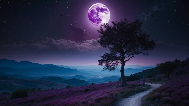 Atmospheric Full Moon Illuminates Purple Fields and Misty Hills