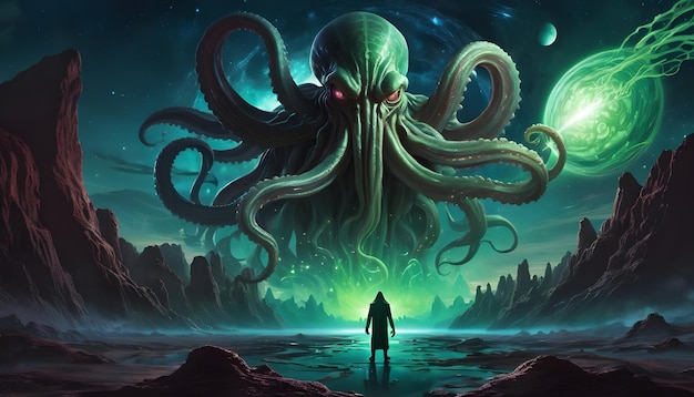 an atmospheric image of Cthulhu emerging from a cosmic rift