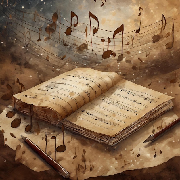 Atmospheric music background with notes on old brown paper