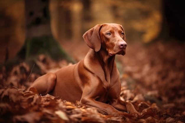 An atmospheric photo capturing a Hungarian Vizsla in the autumn forest amidst the leaf fall