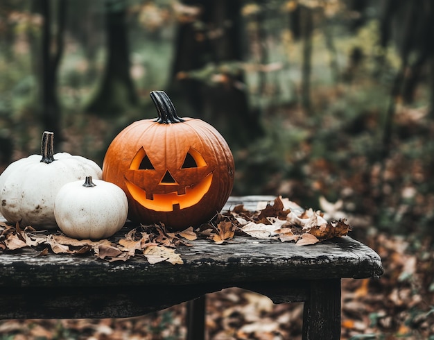 Photo atmospheric photo of halloween pumpkin in autumn forest pumpkin halloween autumn atmosphere