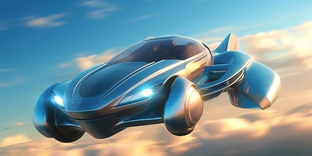 Atmospheric scene featuring a futuristic flying car soaring through the sky