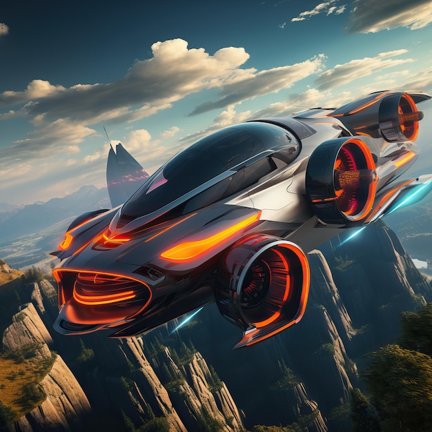 Atmospheric scene featuring a futuristic flying car soaring through the sky