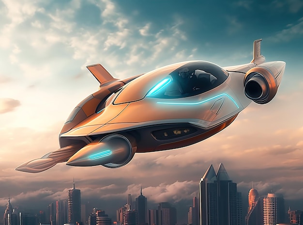 Atmospheric scene featuring a futuristic flying car soaring through the sky