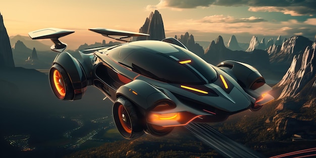 Atmospheric scene featuring a futuristic flying car soaring through the sky