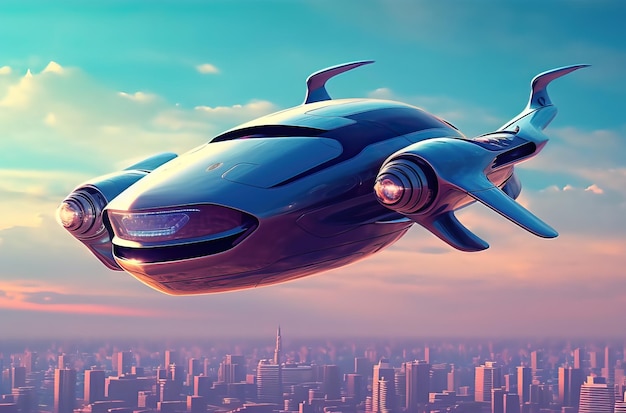 Atmospheric scene featuring a futuristic flying car soaring through the sky