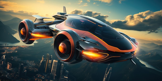 Atmospheric scene featuring a futuristic flying car soaring through the sky