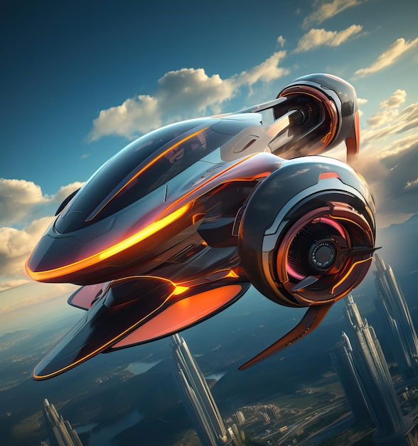 Atmospheric scene featuring a futuristic flying car soaring through the sky