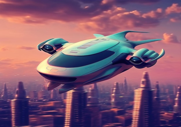 Atmospheric scene featuring a futuristic flying car soaring through the sky