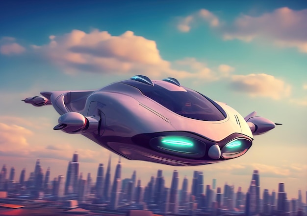 Atmospheric scene featuring a futuristic flying car soaring through the sky