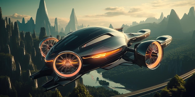 Atmospheric scene featuring a futuristic flying car soaring through the sky