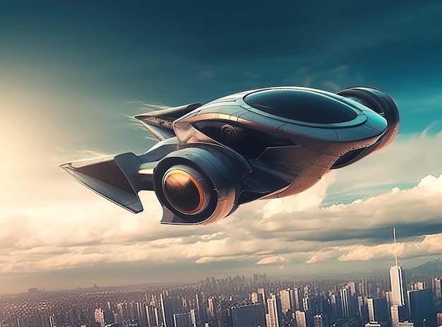 Atmospheric scene featuring a futuristic flying car soaring through the sky