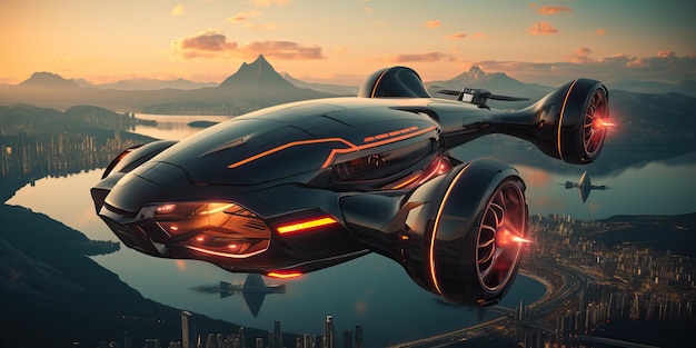 Atmospheric scene featuring a futuristic flying car soaring through the sky