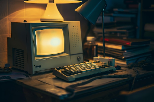 An atmospheric scene featuring a vintage computer on a dimly lit desk evoking nostalgia and retro charm