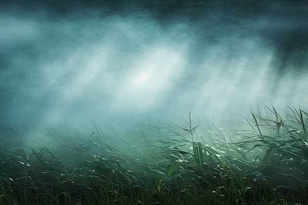 An atmospheric shot of a misty morning in a cornfield with rays of sunlight piercing through