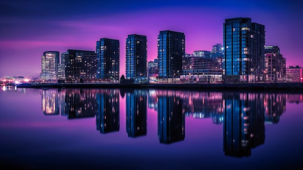 An atmospheric waterfront image of a futuristic city powered by renewable energy captured during the enchanting blue hour