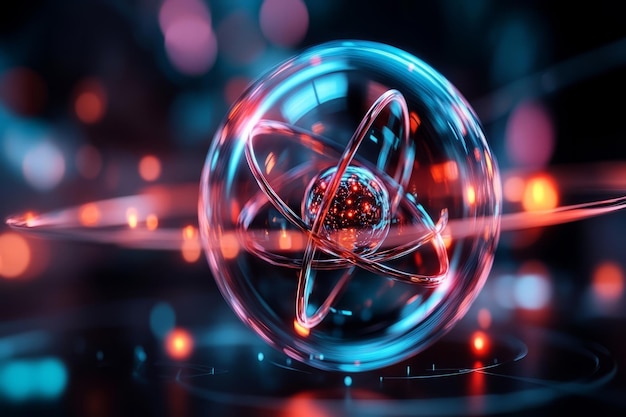 Photo atom with glowing electrons orbiting the nucleus atomic structure and scientific concepts