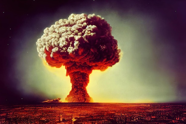 Atomic bomb in the city Symbol of war end of the world Nuclear explosion Catastrophe 3d illustration