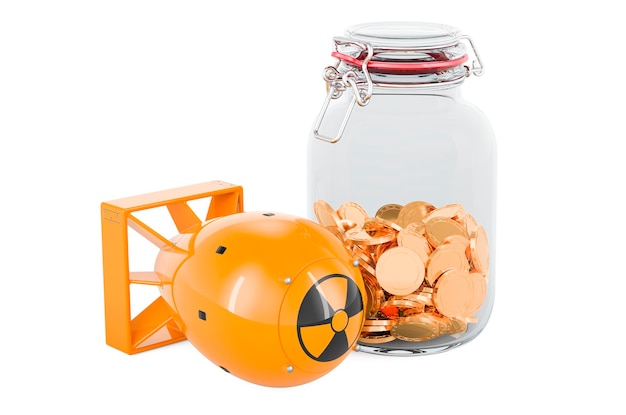 Atomic bomb with glass jar full of golden coins 3D rendering