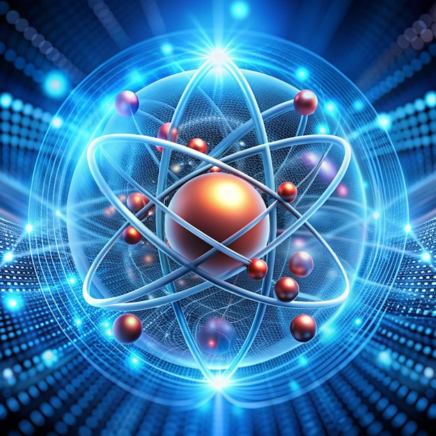 Atomic structure Futuristic concept on the topic of nanotechnology in science The nucleus of an atom surrounded by electrons on a technological background