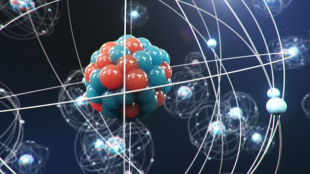 Photo atomic structure. glowing energy balls, nuclear reaction.