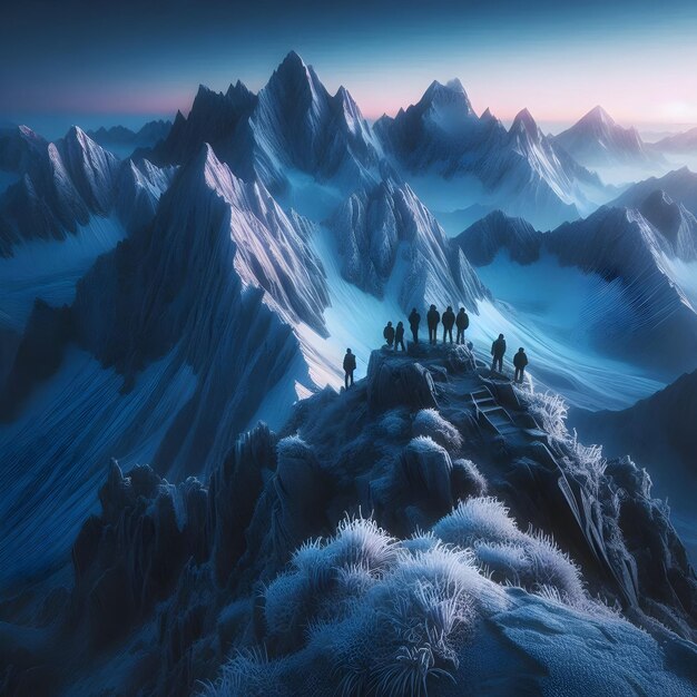 Atop the frostkissed summit a group of adventurers gazes in awe at the panoramic vista of jagged p