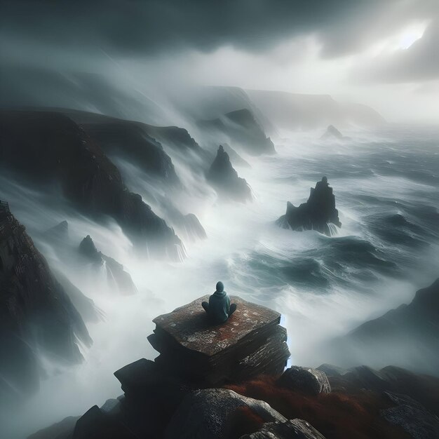 Atop a rugged cliff overlooking the tumultuous sea a lone figure sits surrounded by swirling mist