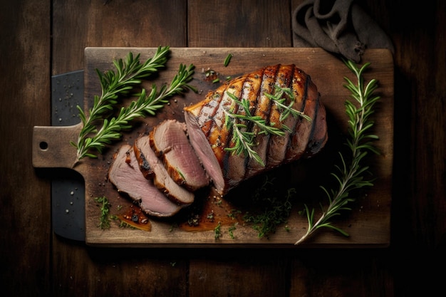 Atop a rustic board cold smoked pork sirloin with herbs a wooden backdrop looking up Copy space